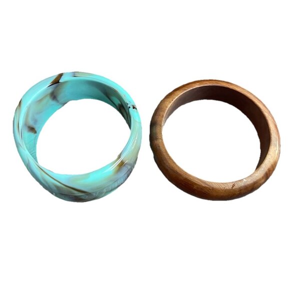 Vintage Wood & Groovy Acrylic Bangle Bracelets Wavy Stacking Thick Chunky Sz 8” - Picture 1 of 14
